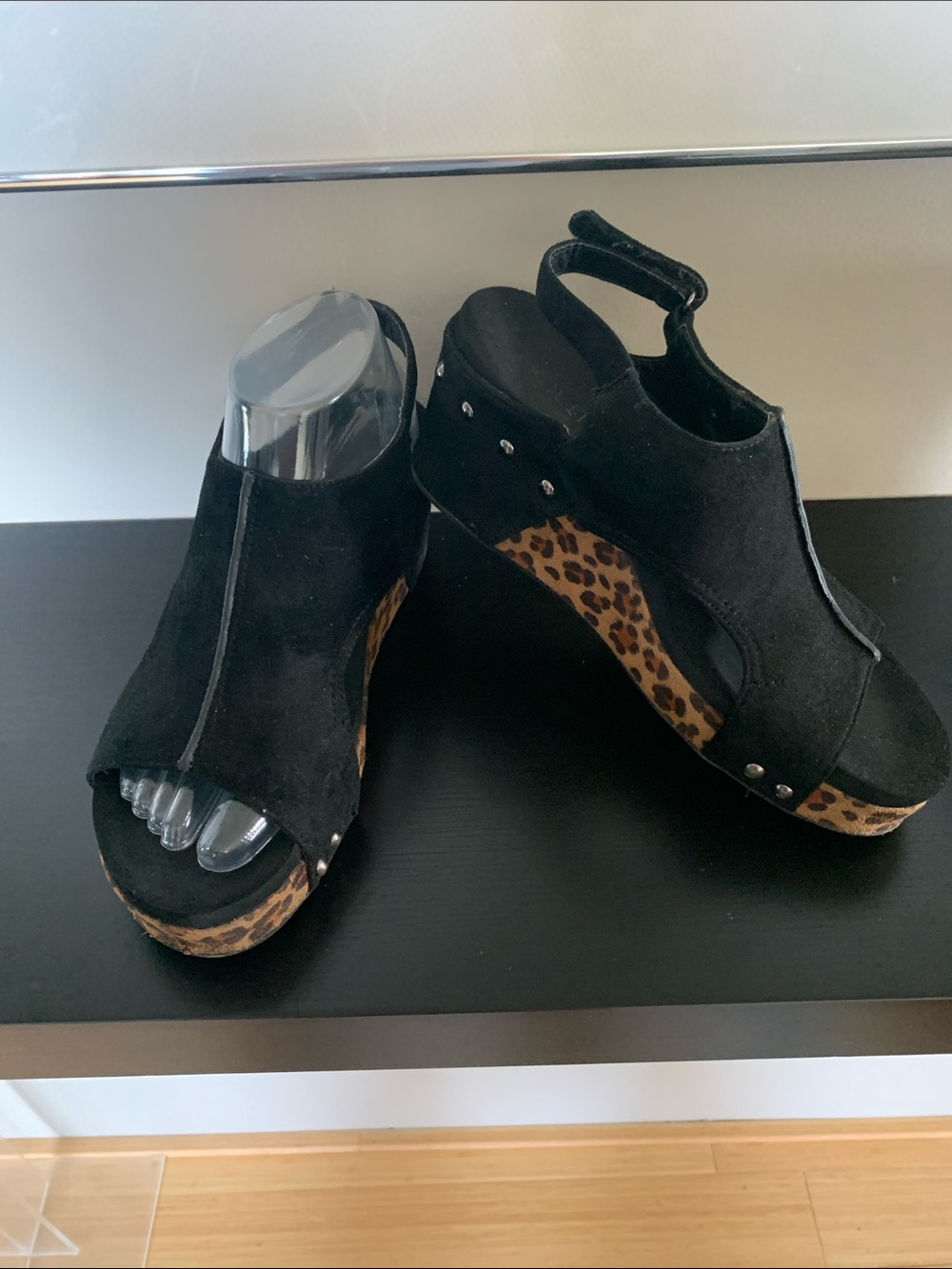 Black Suede Platform Wedges with Leopard-Print Platform